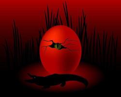 an egg with a crocodile eye and a grass on a dark red background vector