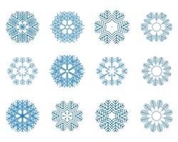 diferentes copos de nieve de invierno de color azul sobre un fondo blanco vector