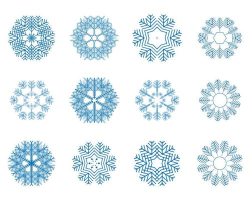 different winter snowflakes of blue color on a white background