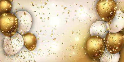 Globos de lámina de oro y blanco de lujo con confeti en vector de fondo blanco. Ilustración de vector realista 3d para aniversario, cumpleaños, venta y promoción, elemento de diseño de fiesta.