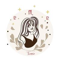 escorpión, signo del zodiaco, chica con joyas, garabato vector