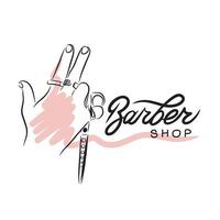 Barber shop, handwritten quotes, male hand holding hair scissors vector