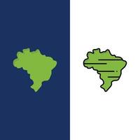 brasil mapa país iconos plano y línea llena icono conjunto vector fondo azul