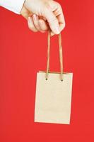 A small paper bag at arm's length isolated on a red background. Layout of the packaging template with space for copying, advertising. photo