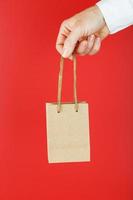 Brown paper bag at arm's length, on a red background. photo