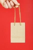A small paper bag at arm's length isolated on a red background. Layout of the packaging template with space for copying, advertising. photo