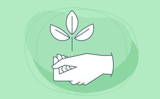 Sustainable ecologic environment concept. Hand holding plant. Linear vector illustration.