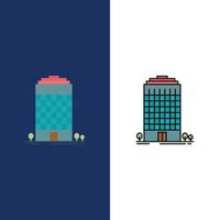 Building Office Tower Space  Icons Flat and Line Filled Icon Set Vector Blue Background