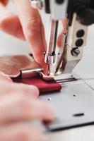 A leather craftsman produces leather goods on a sewing machine in his shop. photo