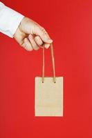 Small paper Bag at arm's length, brown craft bag for takeaway isolated on red background. Packaging template layout with space for copying, advertising. photo