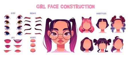 Girl face construction, asian child avatar creation vector