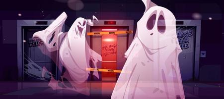 Ghosts in hallway with broken elevator at night vector