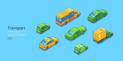 Transport banner with isometric car, truck and bus vector