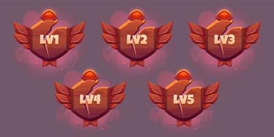 Game level ui icons, wooden shields or banners vector