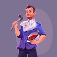 Man chef cook tomato soup in pot vector