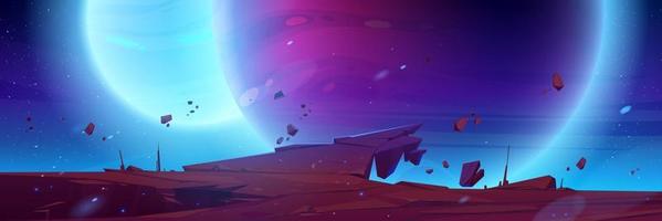 Cosmic background, alien planet deserted landscape vector