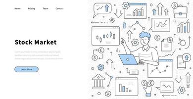 Stock market doodle landing page, trader work vector