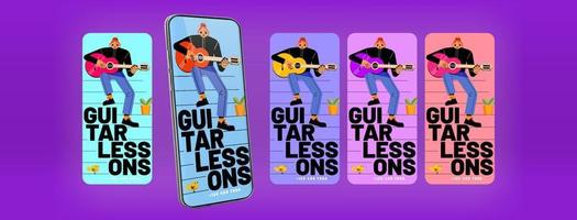 Guitar lessons banners with girl play music vector