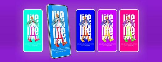 Life and travel mobile app pages with girl tourist vector