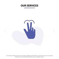 nuestros servicios gestos mano móvil toque pestaña icono de glifo sólido plantilla de tarjeta web vector