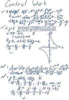 Handwritten mathematical equations, diagrams on paper. A set of vectors for algebra calculations. Lecture notes at a college, school or university.