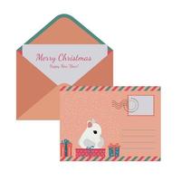 An envelope with a postcard and the inscription Merry Christmas and New Year . An envelope with a cute Christmas bunny. The symbol of the New Year 2023. Vector illustration