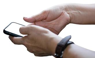 hand holding phone with white screen isolated on white background. photo
