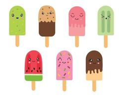 Popsicle ice cream on a stick in the style of kawaii. Vector illustration isolated on a white background