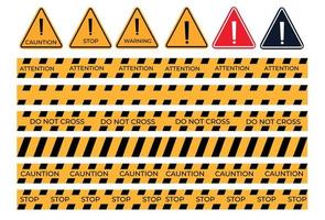 juego de cintas de advertencia de construcción y crimen. símbolos de advertencia triangulares con un signo de exclamación. ilustración vectorial vector