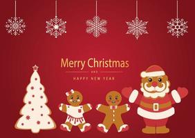 postal feliz navidad. galletas de jengibre en forma de muñeco de nieve, santa, árbol de navidad y hombres de pan de jengibre. celebración de año nuevo y navidad. vector