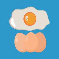 Fried egg and eggs in a shell on a blue background. A flat serving of fried egg vector