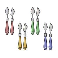 A set of colored icons, metal palette knives with different handles, a set for the artist, a vector illustration in cartoon style on a white background