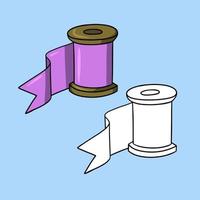 A set of images, a silk lilac ribbon wound on a wooden spool, a vector illustration in cartoon style on a colored background