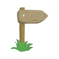 Old cartoon wooden pointer standing on the grass, vector illustration in flat style, on a white background