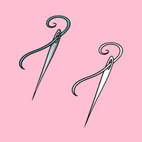 A set of images. Sharp metal needle with thread, vector illustration in cartoon style on a colored background