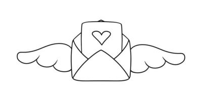 Monochrome image, Romantic envelope with wings and a heart for a declaration of love, vector illustration in cartoon style on a white background