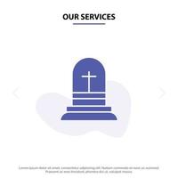 nuestros servicios celebración cruz cristiana pascua icono de glifo sólido plantilla de tarjeta web vector