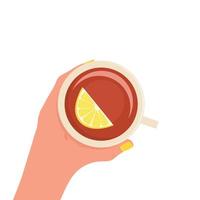 Illustration of a woman's hand with a mug of strong aromatic tea with lemon. The concept of good nutrition and a healthy lifestyle. Vector