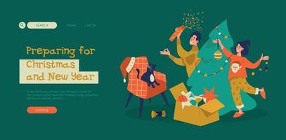 Man and woman are preparing for christmas and new year. A happy family decorates a Christmas tree in a cozy interior. Trendy characters celebrate winter holidays. Image for website, landing page.