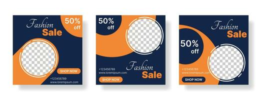 colección de banners de venta de moda para publicaciones en redes sociales en color azul oscuro y naranja. ilustración vectorial vector