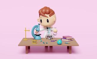 3d miniature cartoon boy character with science experiment kit,  microscope, desk in lab isolated on pink background. room innovative education concept, 3d render illustration photo