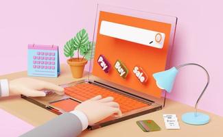 businessman using orange laptop computer on table with buy,sale,pay label tag,alarm clock,invoice or paper check receipt isolated on pink,online shopping search concept,3d illustration or 3d render photo