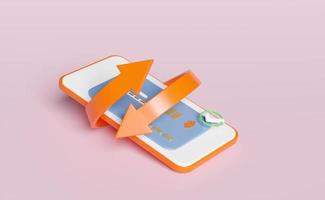 3d mobile phone, smartphone with credit card, check isolated on pink background. transfer arrows, saving money wealth business, cashback money refund concept, 3d render illustration, clipping path photo