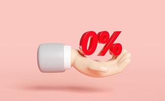 3d cartoon businessman hands holding red zero percent isolated on pink background. discounted products, marketing promotion bonuses concept, 3d render illustration, clipping path photo