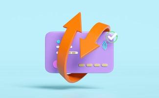 3d credit card with transfer arrows, check marks isolated on blue background. saving money wealth business, cashback money refund concept, 3d render illustration, clipping path photo