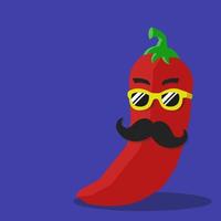 Cartoon hot red chili pepper with glasses and mustache vector illustration