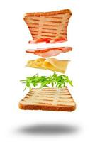 Flying sandwich with ingredients on wite background photo