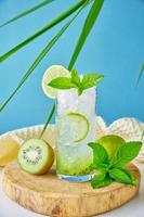 Glass of water with kiwi, lime and mint on blue background
