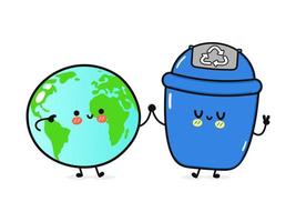 Cute happy planet Earth and trash can card. Vector hand drawn doodle style cartoon character illustration icon design. Happy planet Earth and trash can Eco friendly concept card