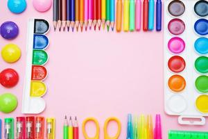 School supplies, colored pencils, watercolor paints, pens, ruler and scissors photo